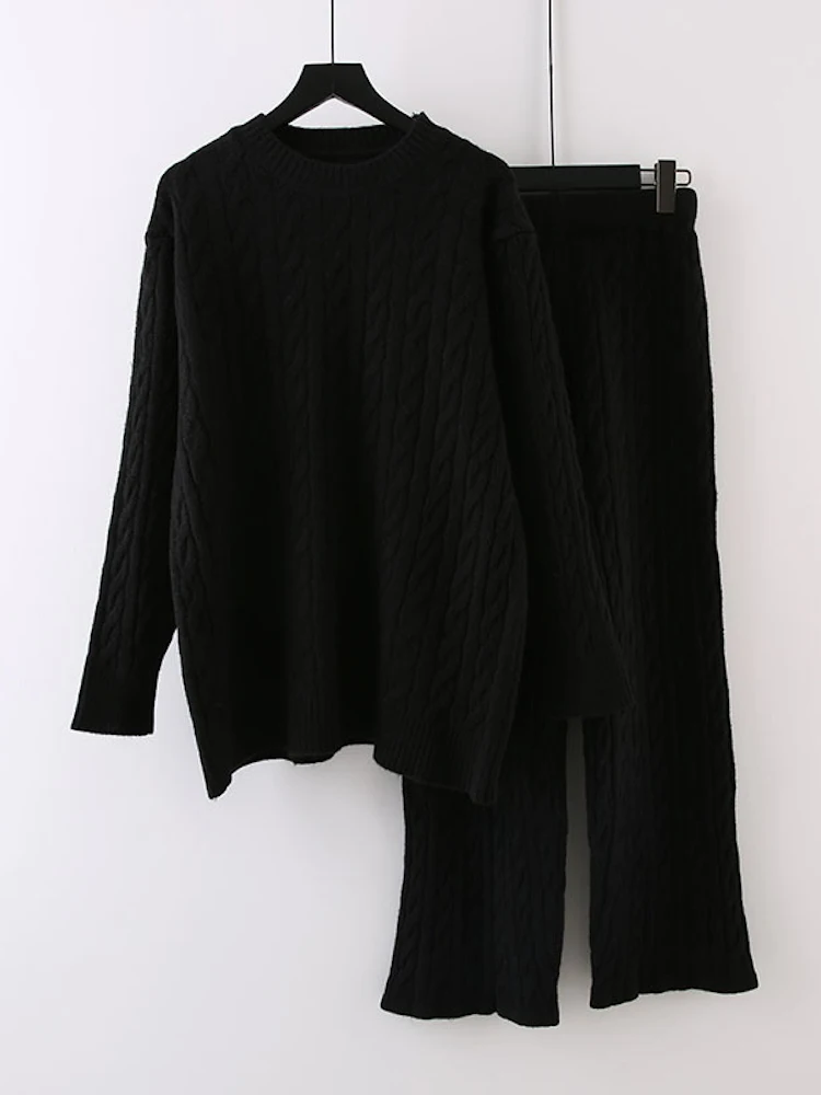 Women's Casual Ribbed Knit 2 Piece Outfit Long Sleeve Sweater Pullover and  Wide Leg Long Pants Sweater Set Fall Clothes