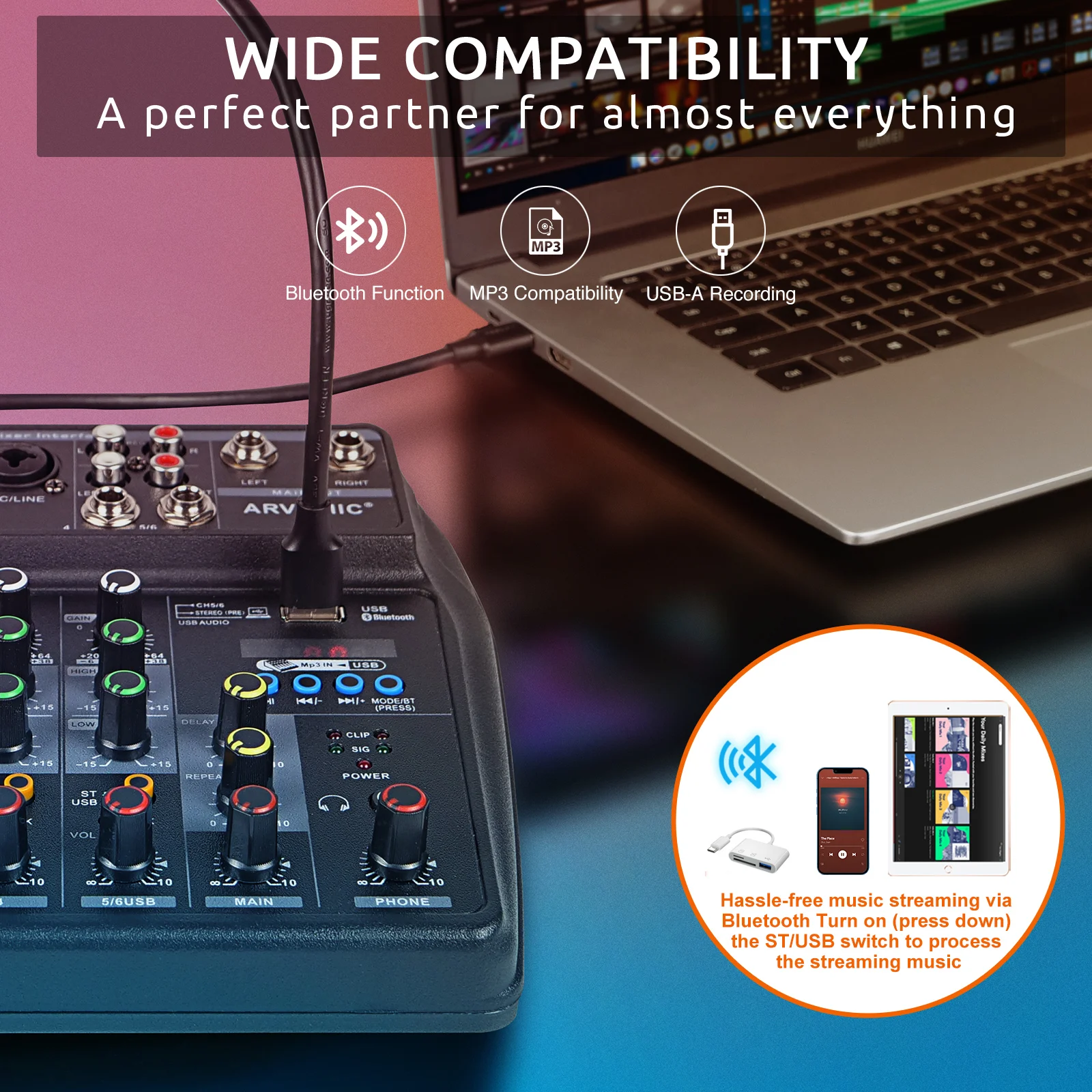 Audio Mixer 6 Channel Audio Mixer V4 USB Bluetooth Function Delay Effect 2-Band EQ Home Recording Karaoke