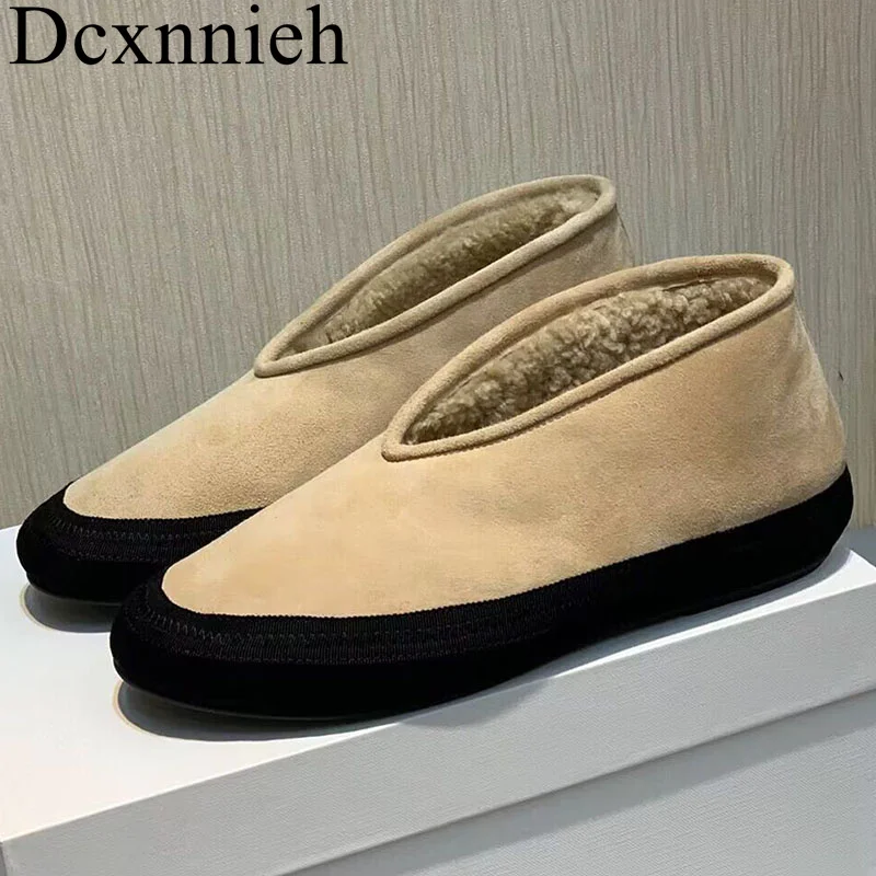 

New Round Toe Thick Heels Shallow Mouth Ankle Boots Women Cow Suede Warm Short Boots Winter Outwear Wool Lining Snow Boots