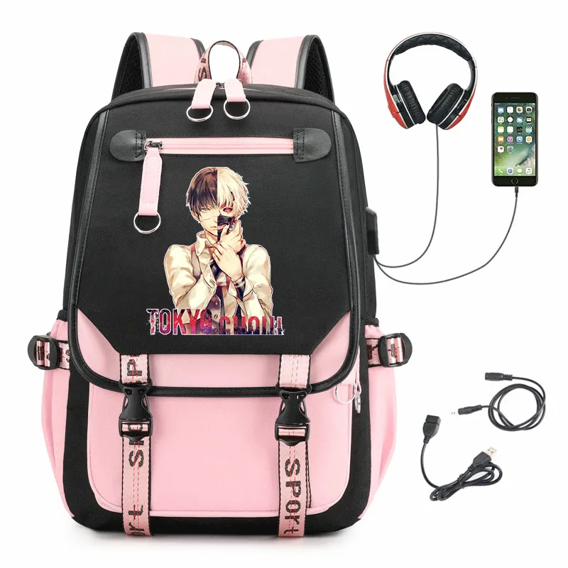 

Anime Tokyo Ghoul Nylon Backpack Casual USB Laptop Bag Zipper Bookbag Schoolbag Cartoon Student Teenager High Capacity Knapsack
