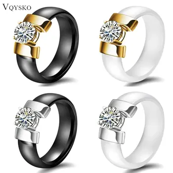 White Black Ceramic Rings Plus Cubic Zirconia For Women Gold Color Stainless Steel Women Wedding Ring Engagement Jewelry 6mm 1