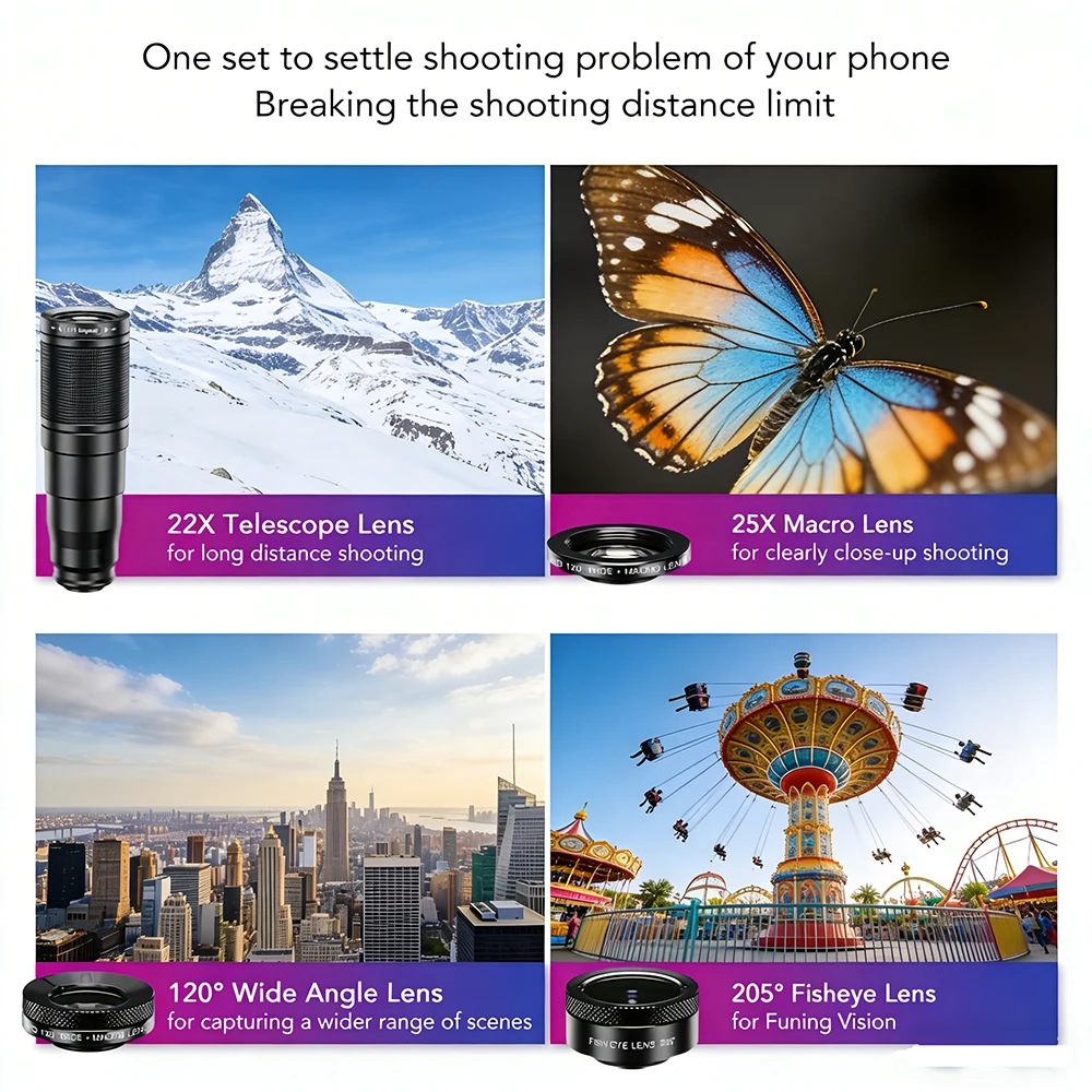 APEXEL 휴대폰 카메라 렌즈 키트, 4 in 1 망원 줌, 22X 렌즈 망원경, 단안 와이드 매크로 어안 렌즈 삼각대, 스마트폰용