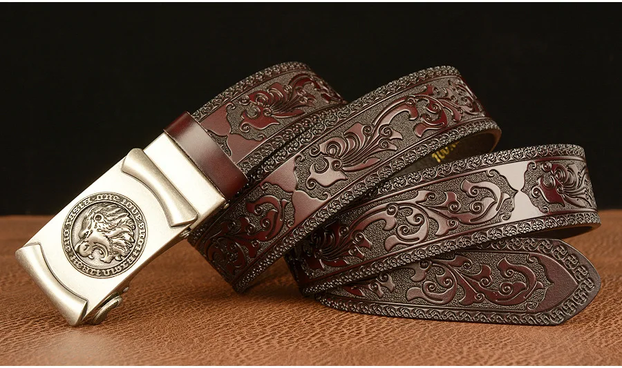 BOKADIAO Genuine Leather Belt Gold Lion Metal Automatic Bule Cowhide Belts for Men Jeans Waistband Male Strap_voghion.com