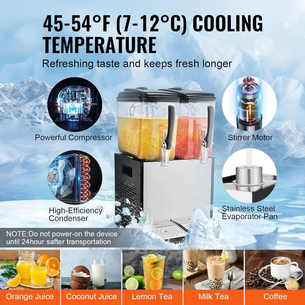 commercial beverage dispenser, 2 tanks 12 l / 12.7 qt per tank juice dispenser, 286w stainless steel ice tea drink machine with