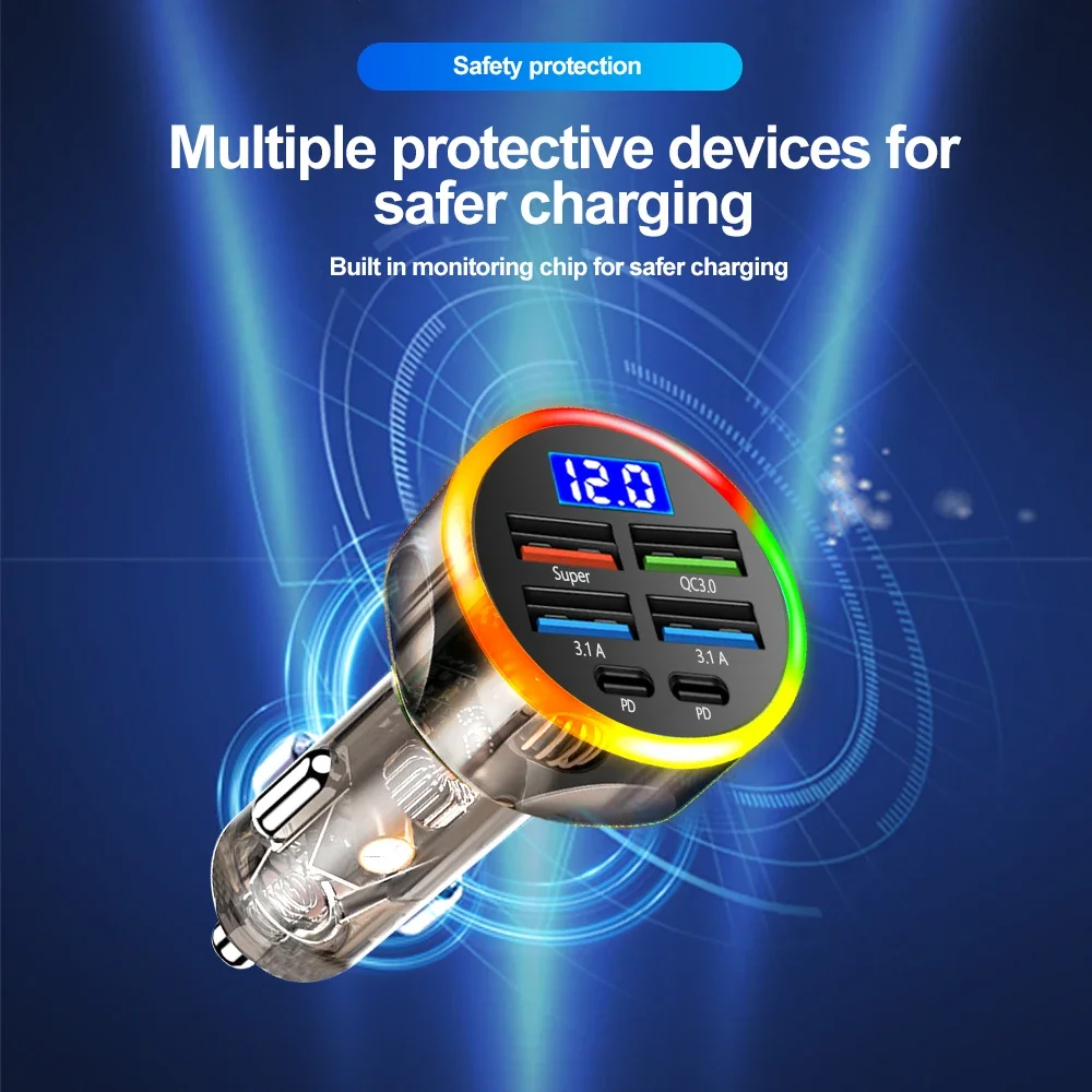High-Power 200W Clear Case Car Charger with QC3.0 & Type-C PD Fast Charging