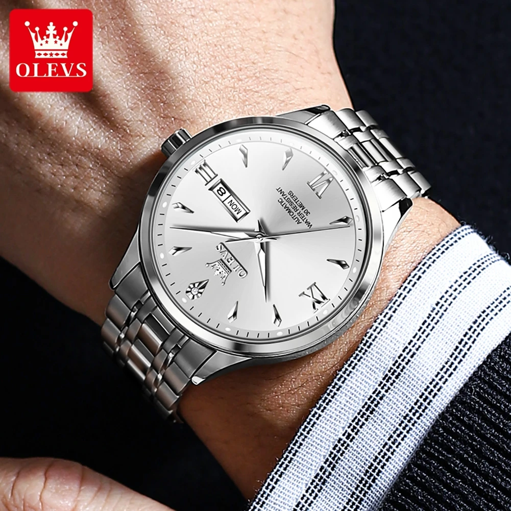 OLEVS Men's Mechanical Watch Waterproof Luminous Stainless Steel Grey Dial Business Automatic Watch for Men Week Date Wristwatch