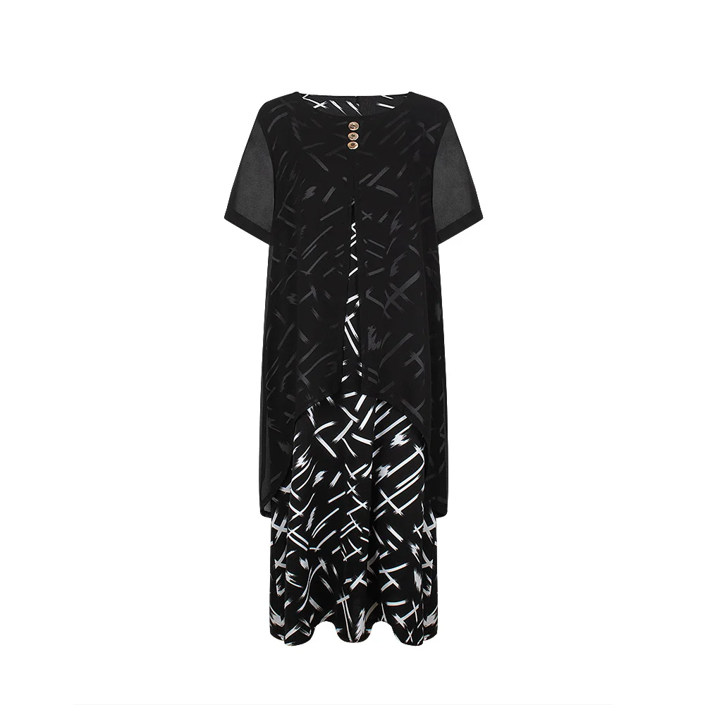 

YTL Women's Printed Elegant O-neck Dress Vintage Button Black Short Sleeve Summer Chiffon Plus Size Dresses