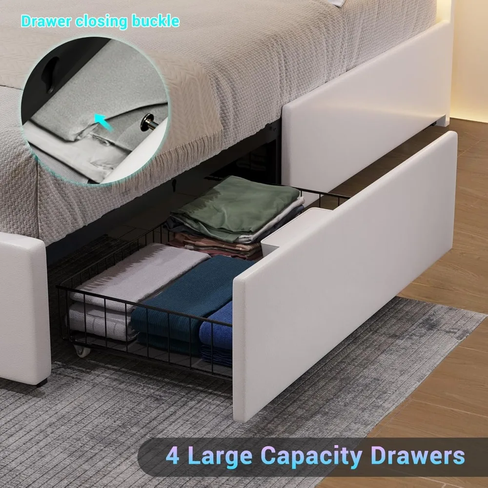 California King Bed Frame with 4 Storage Drawers,White Artificial Leather Upholstered Headboard, No Spring Needed, Noise Free 5