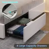 California King Bed Frame with 4 Storage Drawers,White Artificial Leather Upholstered Headboard, No Spring Needed, Noise Free 5