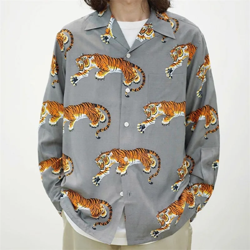 2024 New Summer High Quality WACKO MARIA Shirts Full Tiger Print Hawaii Casual Long Sleeve Tops Shirt Men Clothing