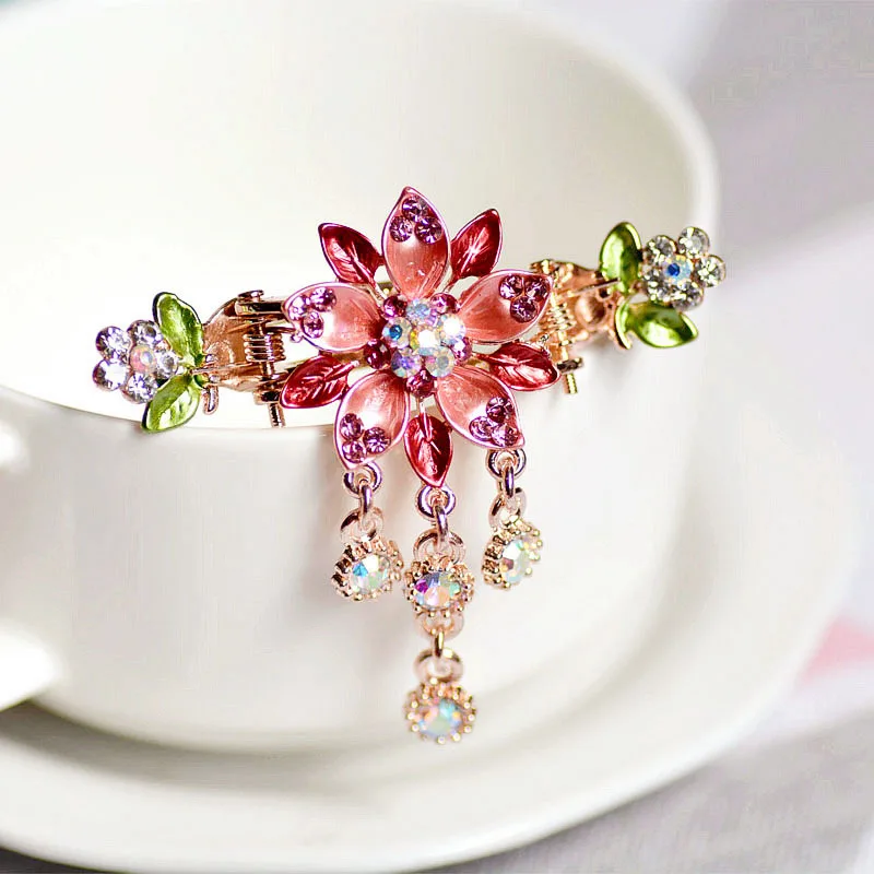 Vintage Enamel Flower Hair Claw Jewelry Charm Rhinestone Hair Clip for Women