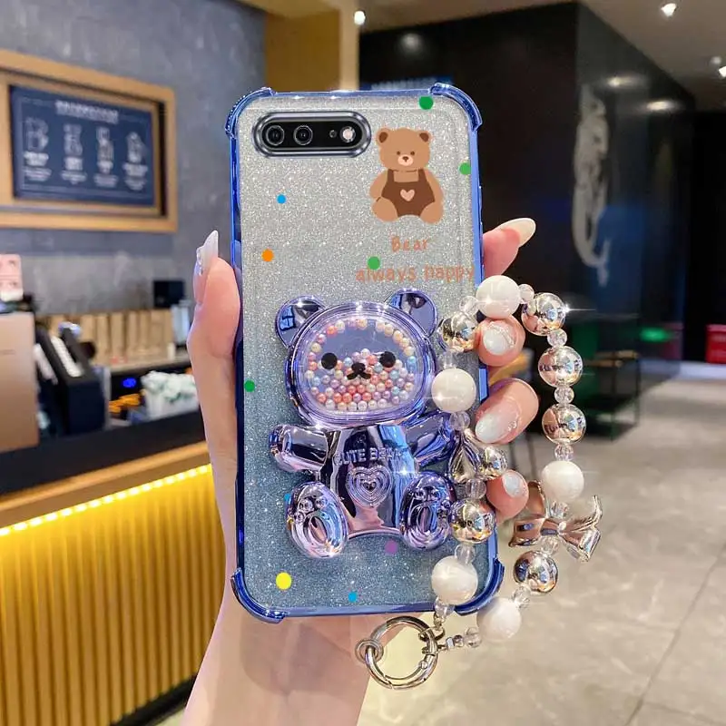 Pearl Glitter Bear Phone Holder Case with Lanyard Strap and Anti-Knock Protection