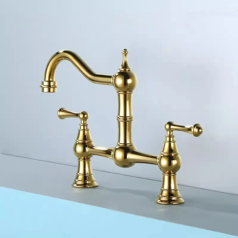 Kitchen Sink Tap Rotation Total Brass Lead Free Classical Double Lever Kitchen Sink Tap Mixer Gold Chrome American Style