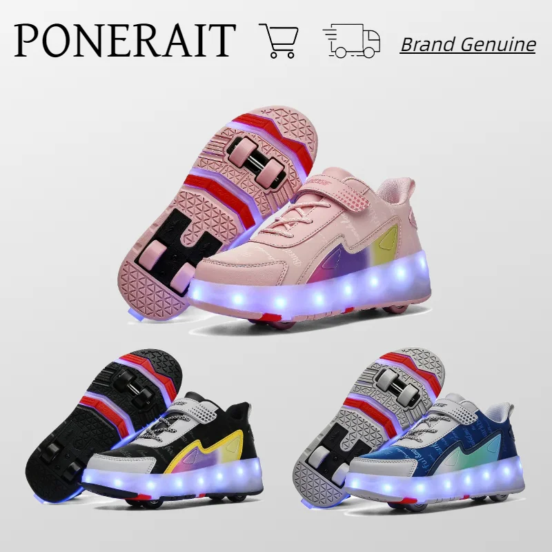 

2024 New Deformation Parkour Portable Velcro Shoes LED Flash Four Wheels Skates Unisex Children's Roller Running Skating Shoes