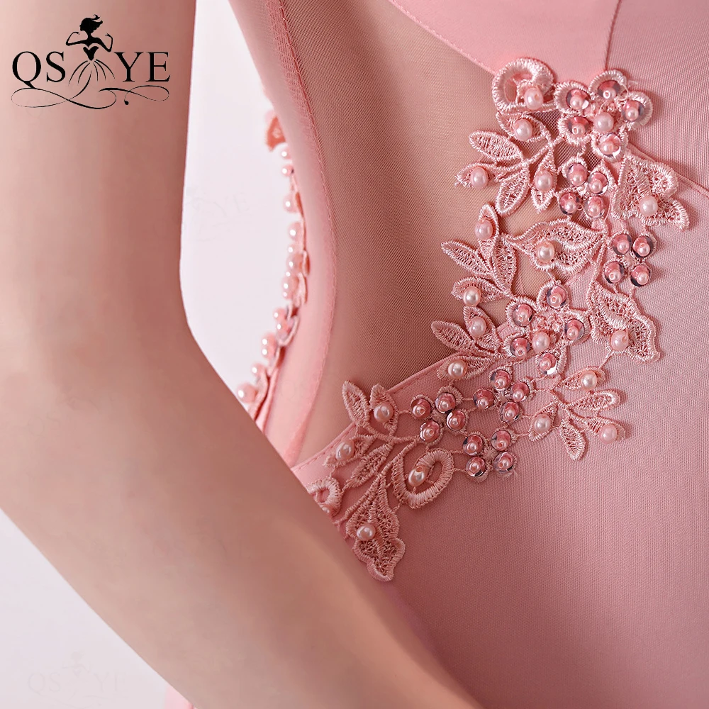 Pink Bridesmaid Dresses Illusion Waist Beaded Applique Lace Evening Prom Gown Sleeveless Long Fit Satin Formal Party Gown chic bridesmaid dresses