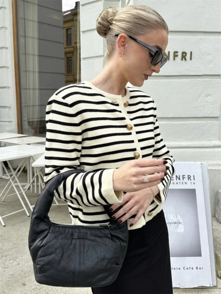 Suéter de punto a rayas, cárdigan, abrigo para mujer, suelto, de manga larga, a la moda, ajustado, con parches en contraste, prendas de vestir exteriores, abrigo de punto de verano