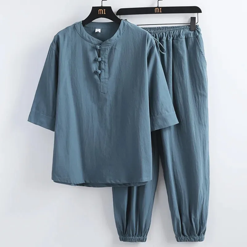Retro Chinese Style Zen Tea Shirts Pants Kung Fu Uniform Medieval Viking Fashion Casual T-shirt Trousers Tang Suit Men Sets chinese traditional costume