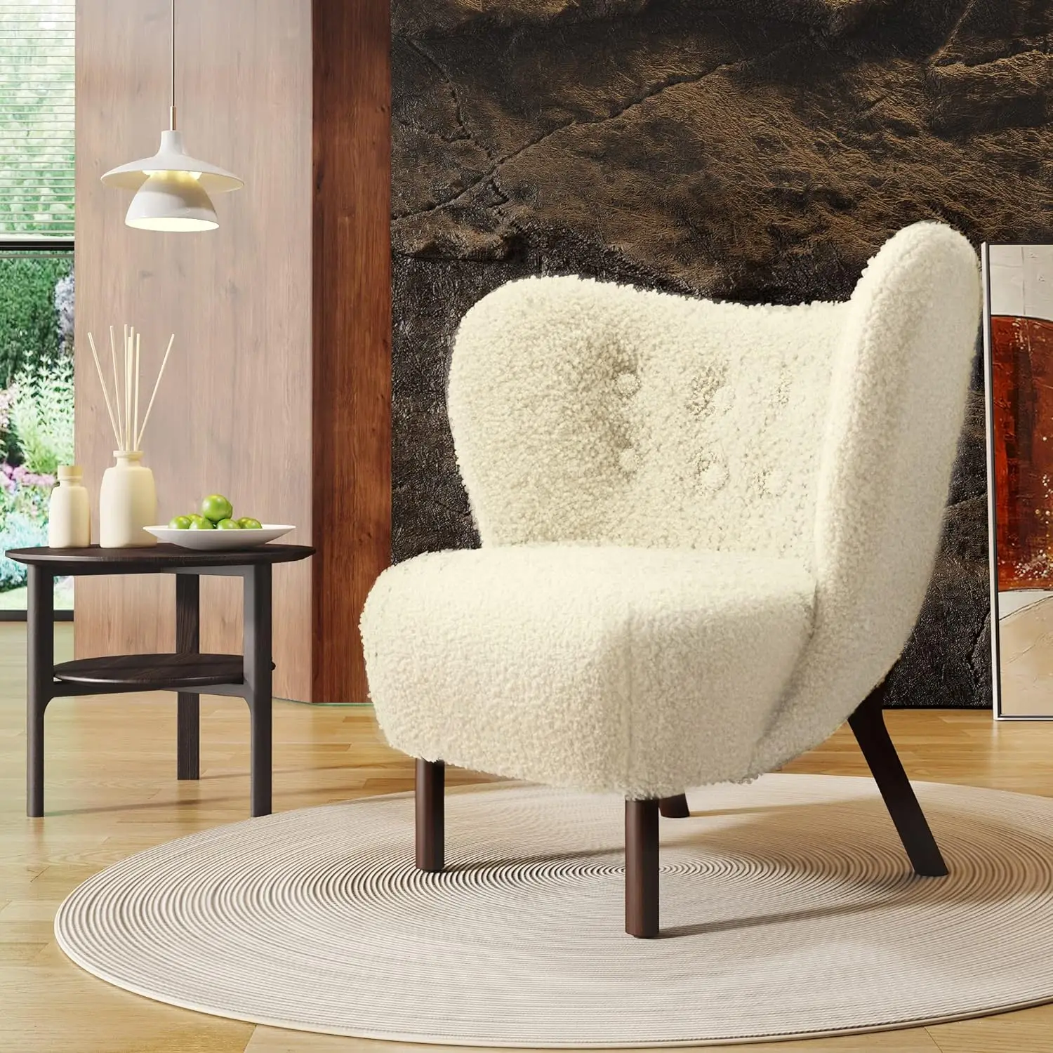 

Cream Modern Mid Century Chair Tufted Wingback Cozy Lambskin Sherpa Armchair for Living Room Bedroom Office Easy Assemble