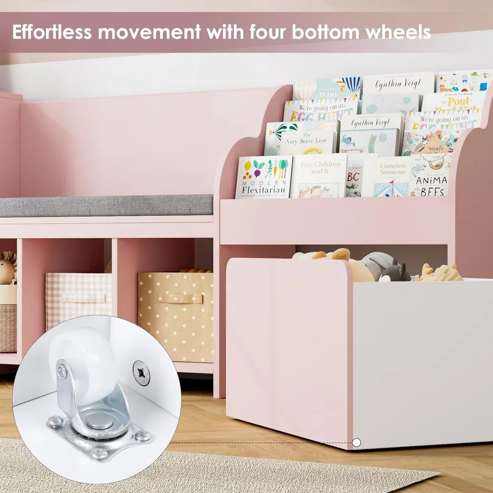 67" Kids Reading Nook with Bench, Kids Bookshelf and Bookcase with Seat Cushion and 6 Storage Cubbies, Toy Storage Box on Wheels 5