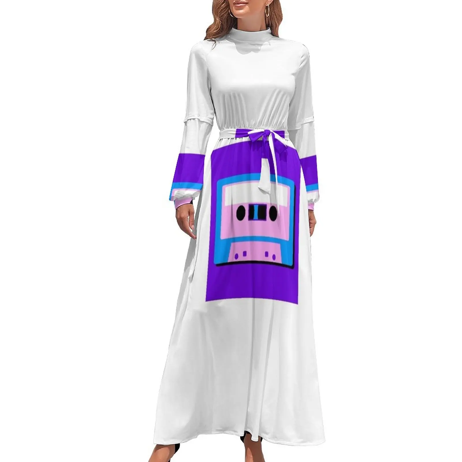 thumbnail image 1 of Vestido largo con cinta de cassette, vestidos de fiesta para mujer, vestidos de manga larga, 1 of 5