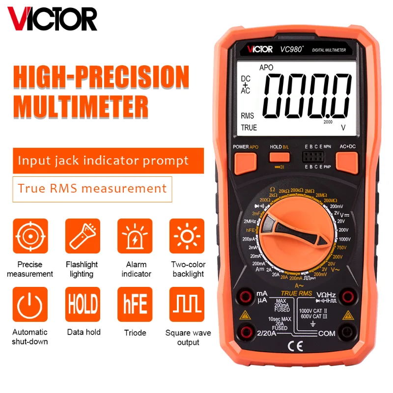 

RuoShui 980+ Multimeter 20000 Counts True RMS Digital Capacitance and Resistance Meter AC/DC Voltmeter Current Backlight Tester