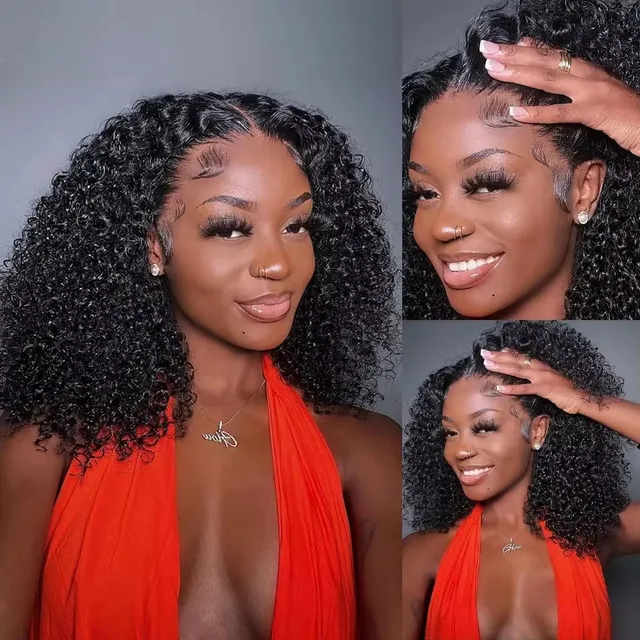 Water Wave Short Bob Cut Natural Black Color 13X4 Lace Front Synthetic Wig For Black Women Prepluck Hairline Cosplay Daily Party 5