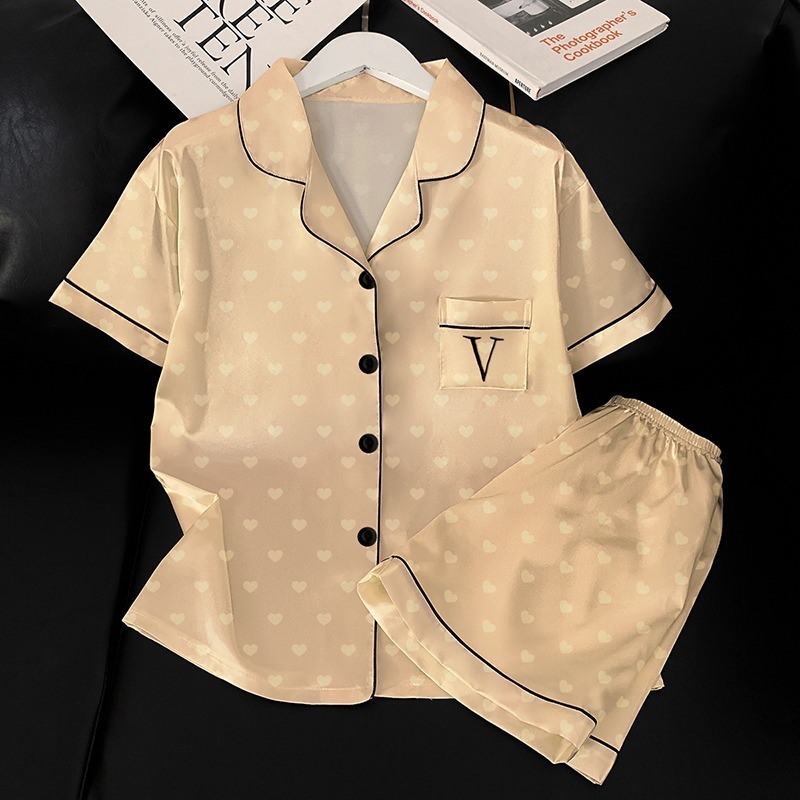 Ice silk thin section loose comfortable ladies pajamas summer new silk short-sleeved shorts lapel girls homewear two-piece suit