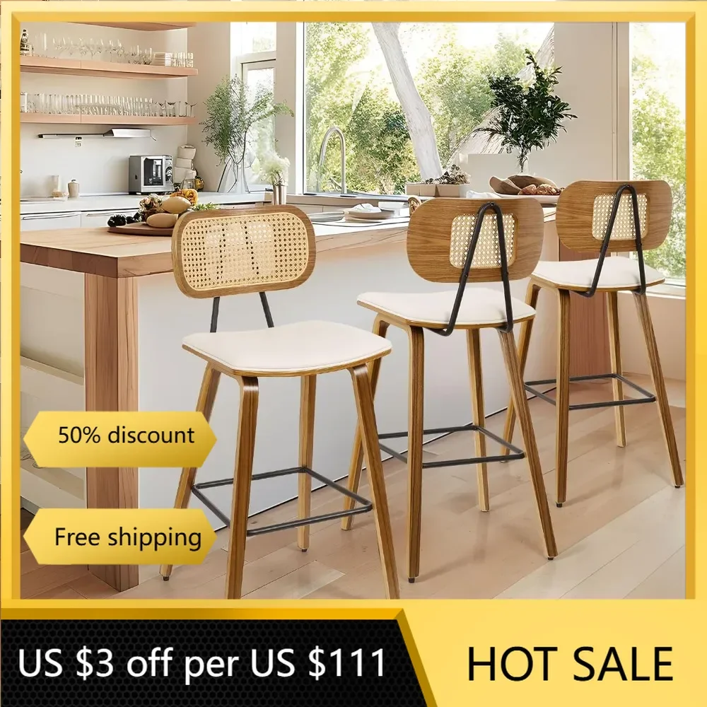 Counter Height Bar Stools Set of 3, 26" Wood Kitchen Stool PU Leather Upholstered Barstool with Rattan Back Cream White