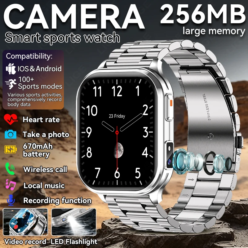 Smartwatch con Fotocamera per Uomo e Donna, Registratore Video e Foto, Monitoraggio Salute, Impermeabile, Fitness, Chiamate Bluetooth, Musica Locale