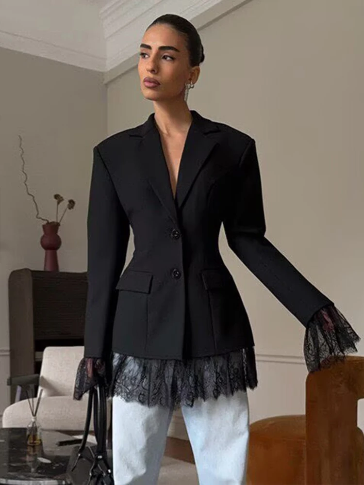 Elegant Lace Splice Blazer Coat Women Fashion Office Long Sleeve Single Breasted Jackets 2026 New Spring Black Casual Blazers