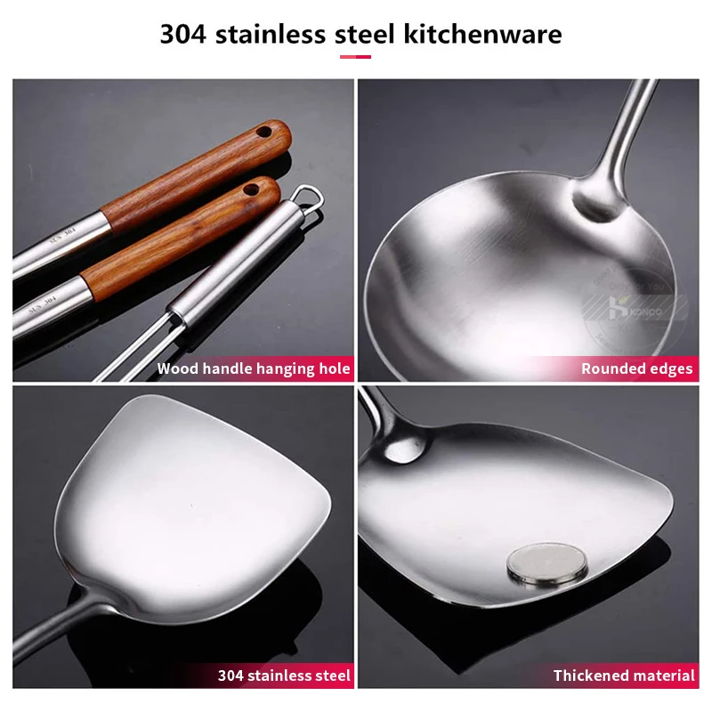 Kitchen Utensils Konco 304 Stainless Steel Spatula Spoon Wok Spatula Wooden Handle Shovel Scoop Kitchen Cooking Tool