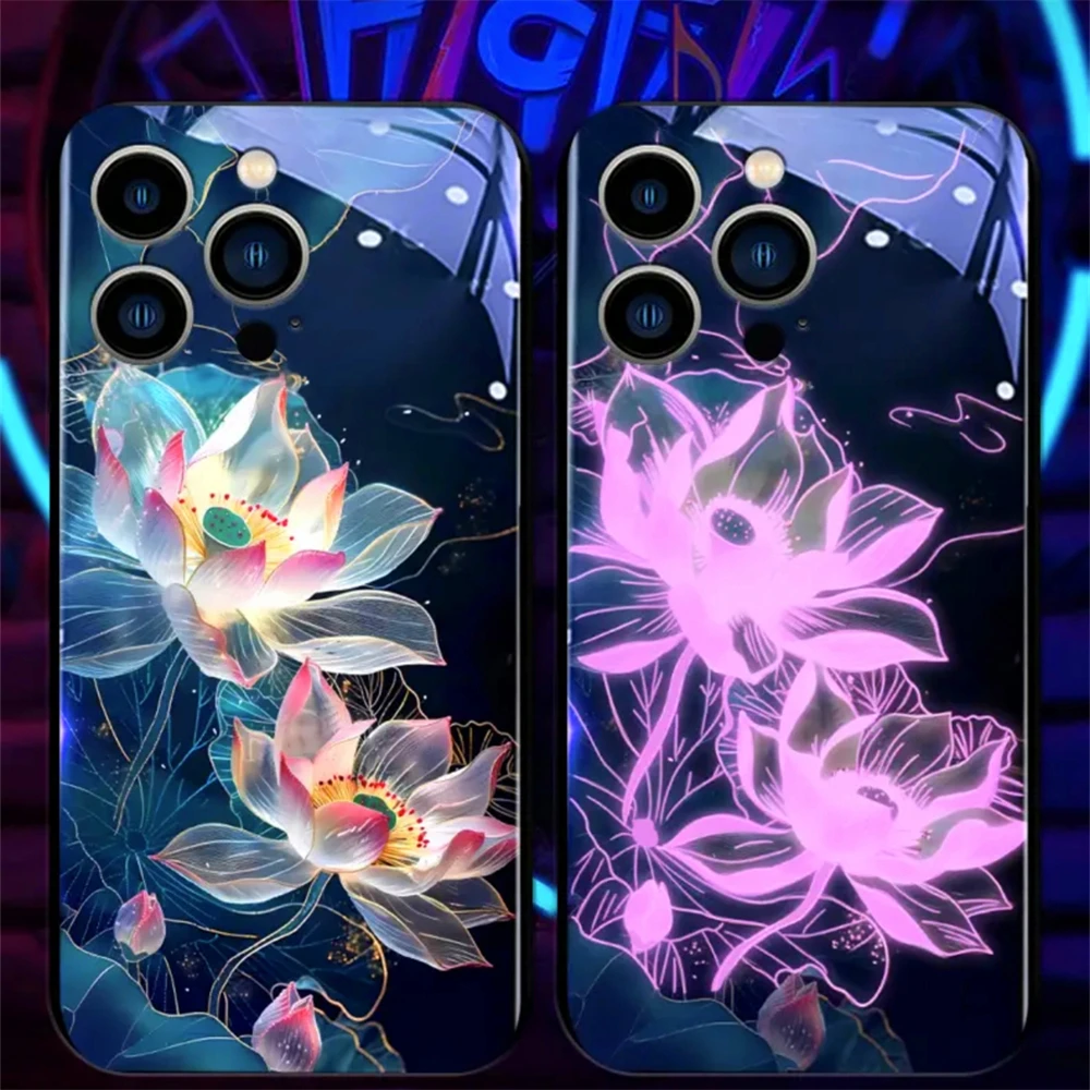 Lucky Lotus Flower Luminous Glass LED Call Light Up Flash Phone Case Cover For iPhone 15 14 13 12 11 Pro Max X XR XS Plus SE2020