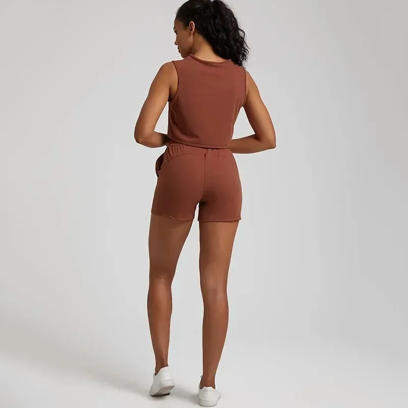 Lemon Women Soft Gym Fitness Yoga Set Drawstring Pocket Short Leg Short Sleeve T-Shirt Top Suit Comprehensive Training Jog Women