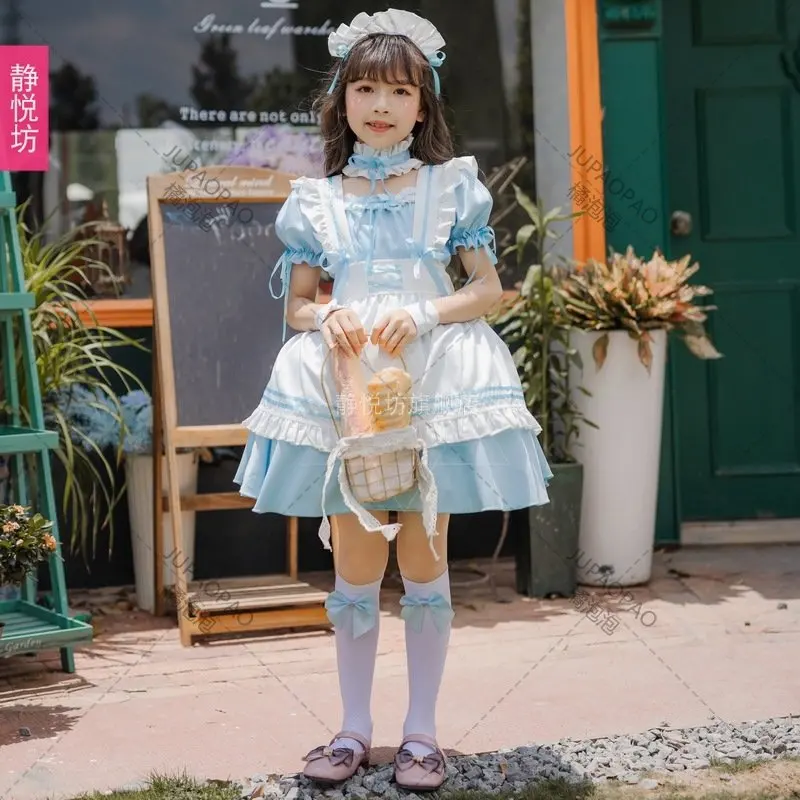 Kids Girls Anime Lolita Princess Cosplay Costumes Short Sleeve Ruffle Maid Dress With Headwear Neckwear Suit