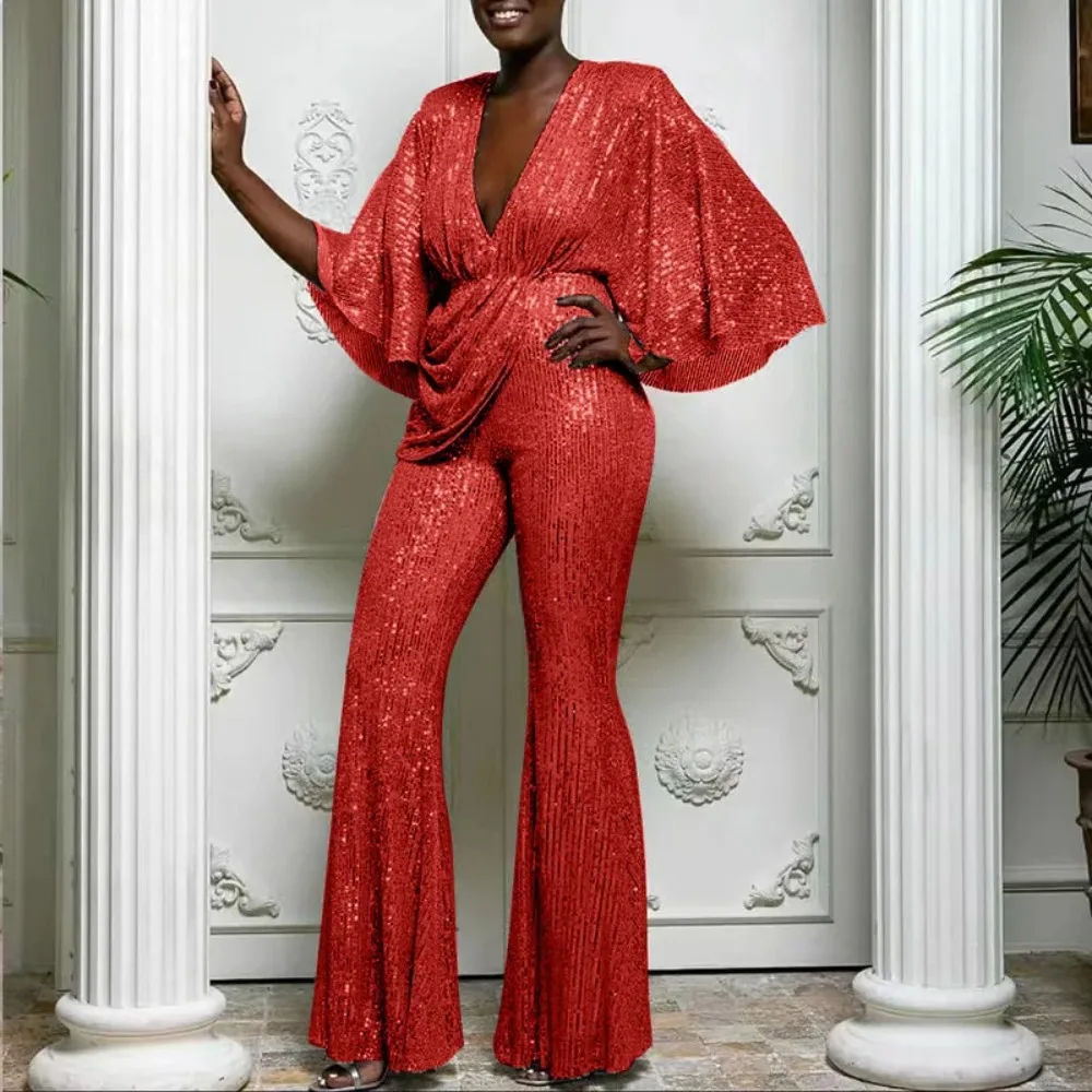 Women's Deep V-Neck Flared Sleeves Long Sequin Jumpsuit, Nightclub Style, Fashion, Sexy, Spring, Summer