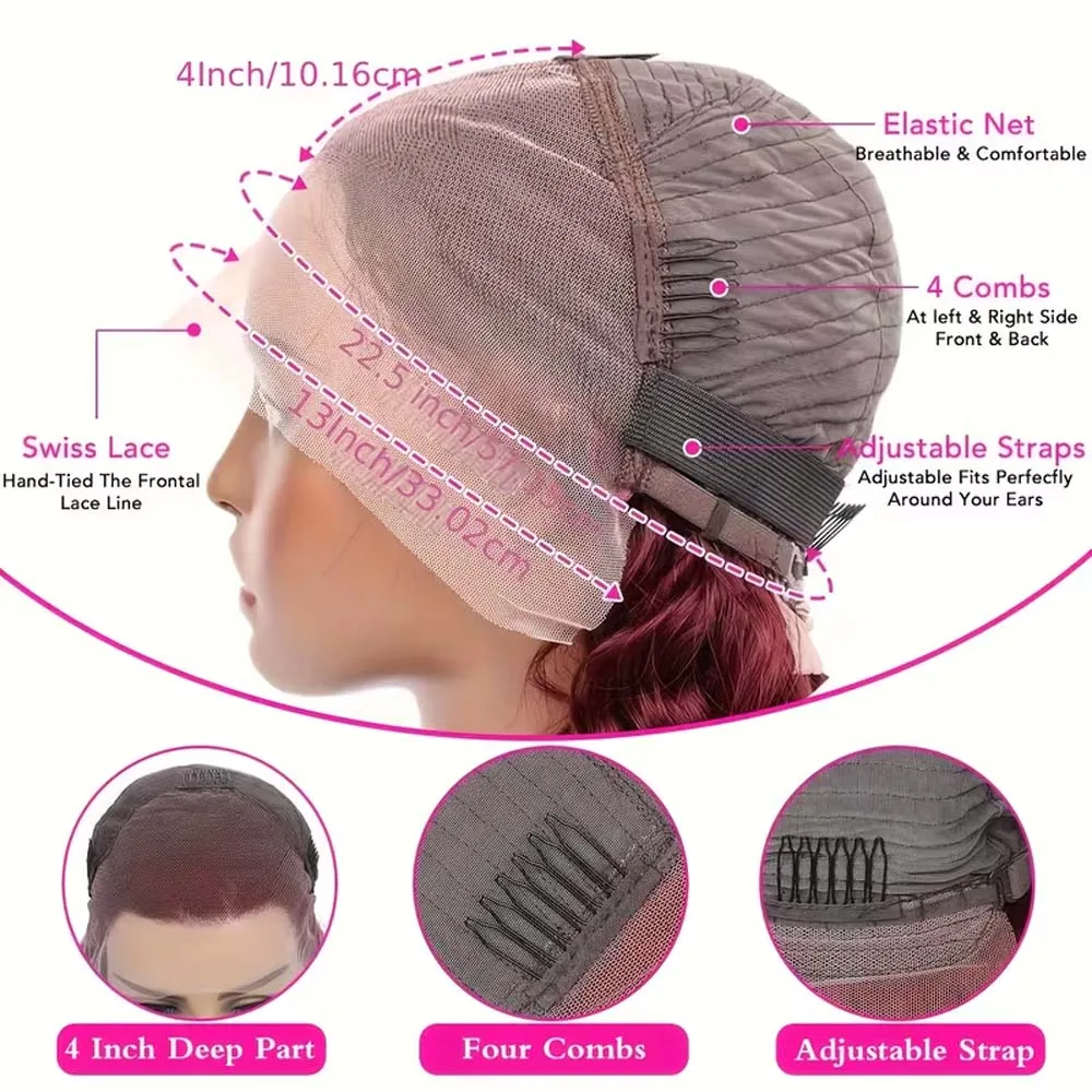 99J Burgundy 34 inch Brazilian Body Wave 13x6 HD Lace Front Human Hair Wigs For Women 13x4 Lace Frontal Wig Glueless Closure Wig 6