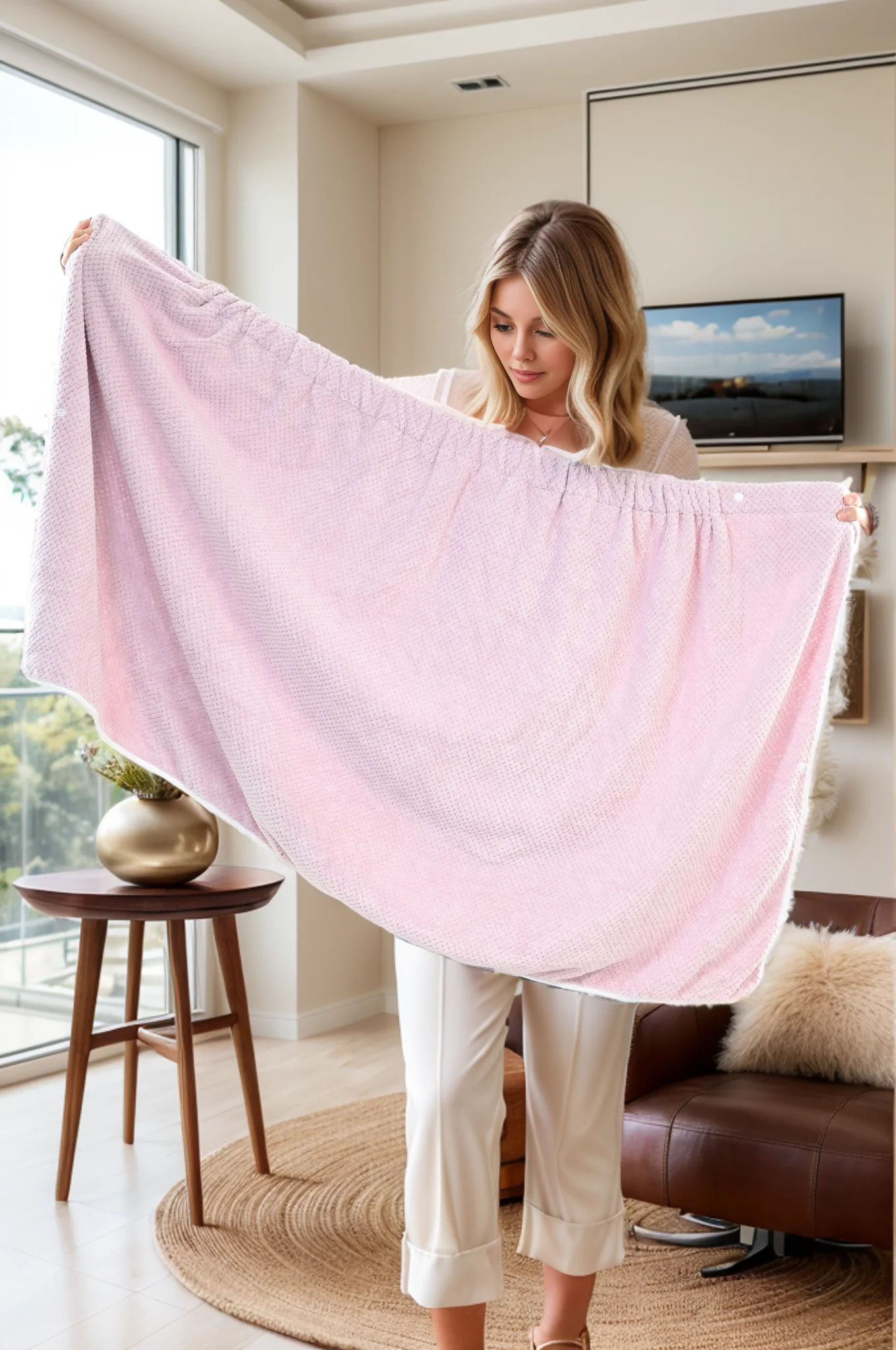 A solid color bath towel with bow decoration, suitable for women's adjustable shower Spa bathrobe, sauna, beach, swimming poo