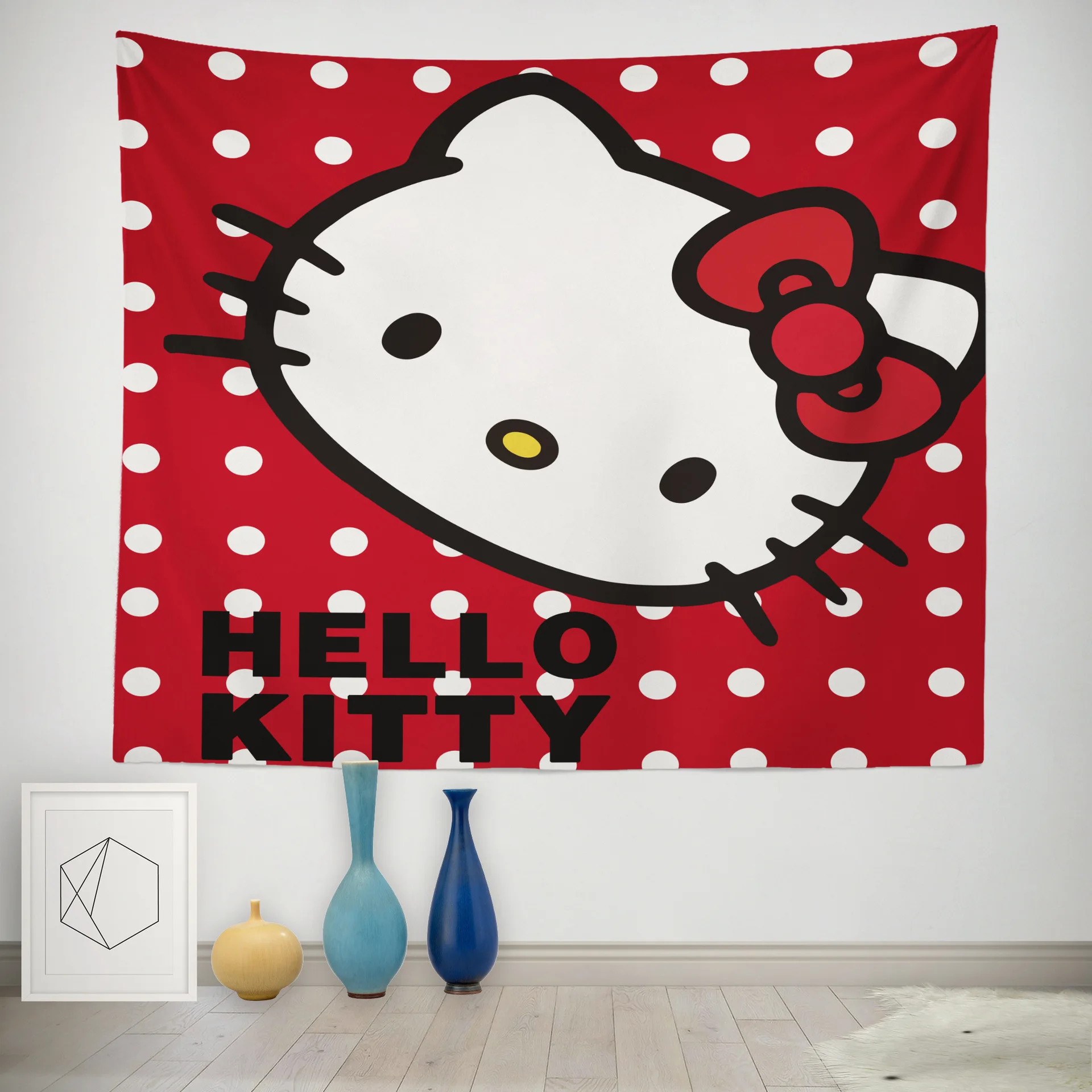 Kawaii Hello Kitty Hanging Tapestry Anime Kt Cat Cartoon Background Cloth  Black and White Wall Blanket Art Home Decor Girl Gift