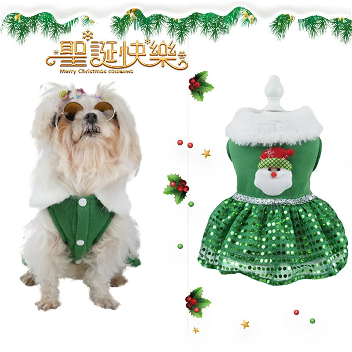 Pet Christmas Graphic Dress Dog Outfit Thermal Holiday Puppy Costume Warm Pet Clothes Creative Dog Skirt