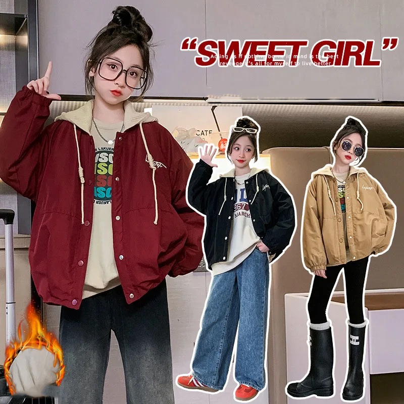 

2023 Korean Winter Junior Girl Plus Velvet Jacket Teenager Girl Hoodedcolor Blocking Coat Junior Girl Letter Embroidery Outwear