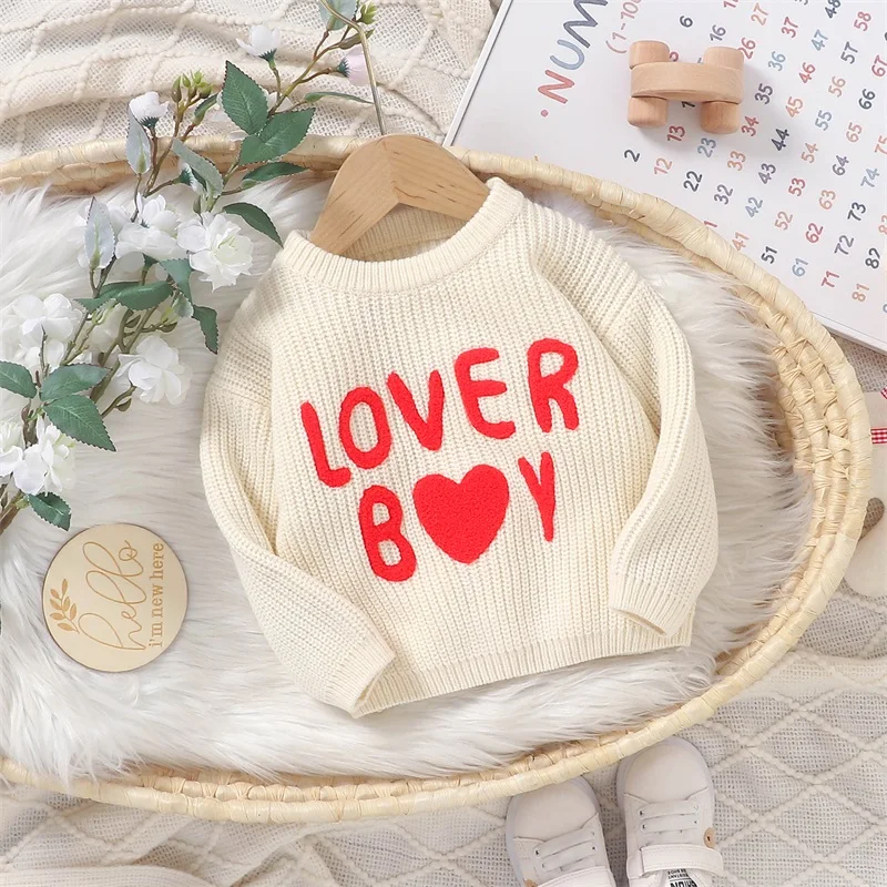 Baby Boy Jumper Knitted Sweaters Long Sleeve Round Neck Love Boy Heart Letter Embroidery Knit Pullovers Tops Knitwear