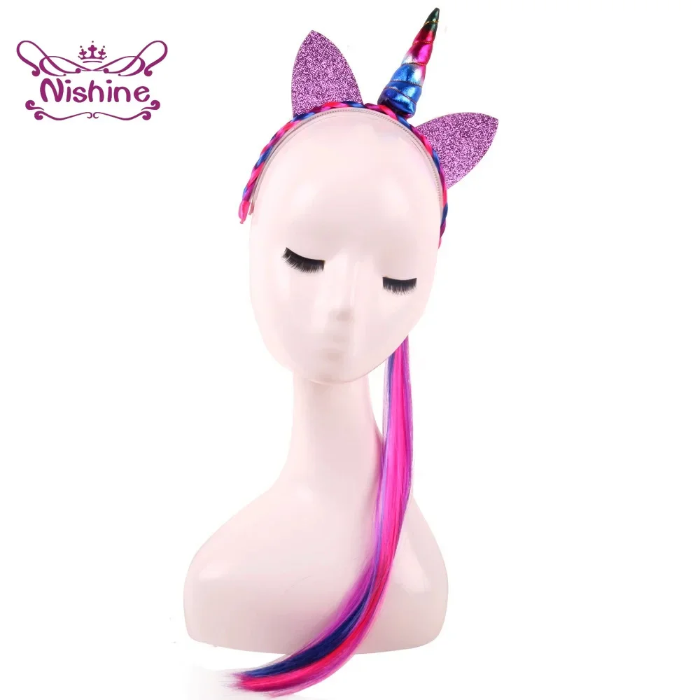 Rainbow Color Ponytail Unicorn Horn Headbands Glitter Ears Kids Girls Princess Braid Wig Hair Bands Headwear Accessories nylon hair tie