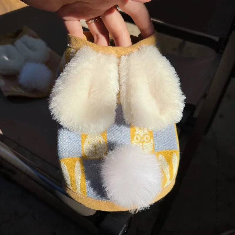 

Плюшевая толстовка с кроличьими ушками, одежда для собак, мультяшный принт, кавайный хвост, одежда для маленьких собак, мягкая удобная толстая одежда для кошек, товары для домашних животных