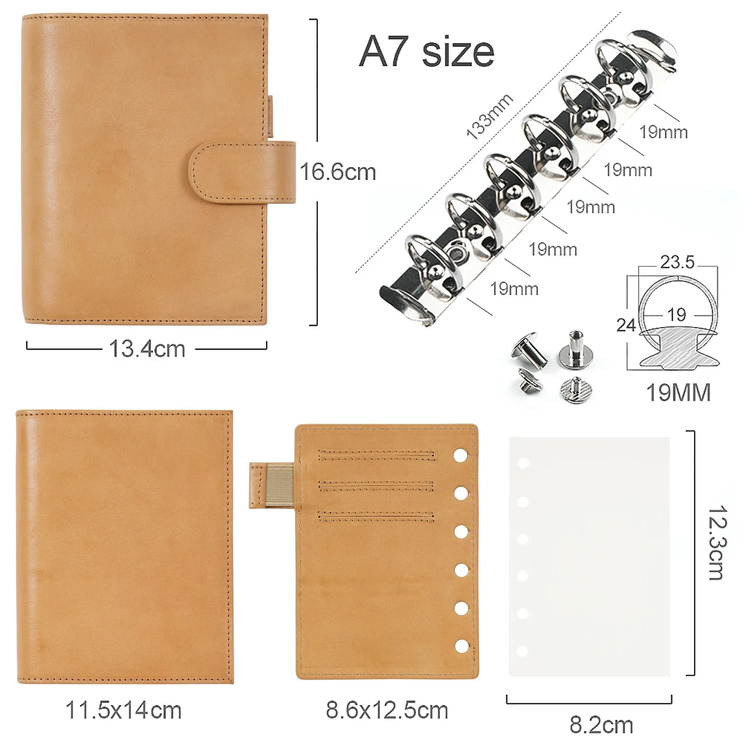 Moterm 포켓 베르사 3.0 반지 플래너, 풀 그레인 야채 무두질, 19mm 지갑, 다기능 의제, 일기 저널 메모장