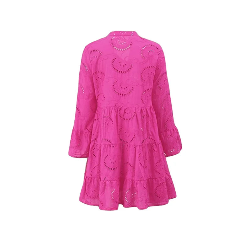 Beach Dress Women Embroidery Lace Eyelet Hollow Out 3/4 Sleeve Single Breasted Mini Dress y2k Vacation Dresses