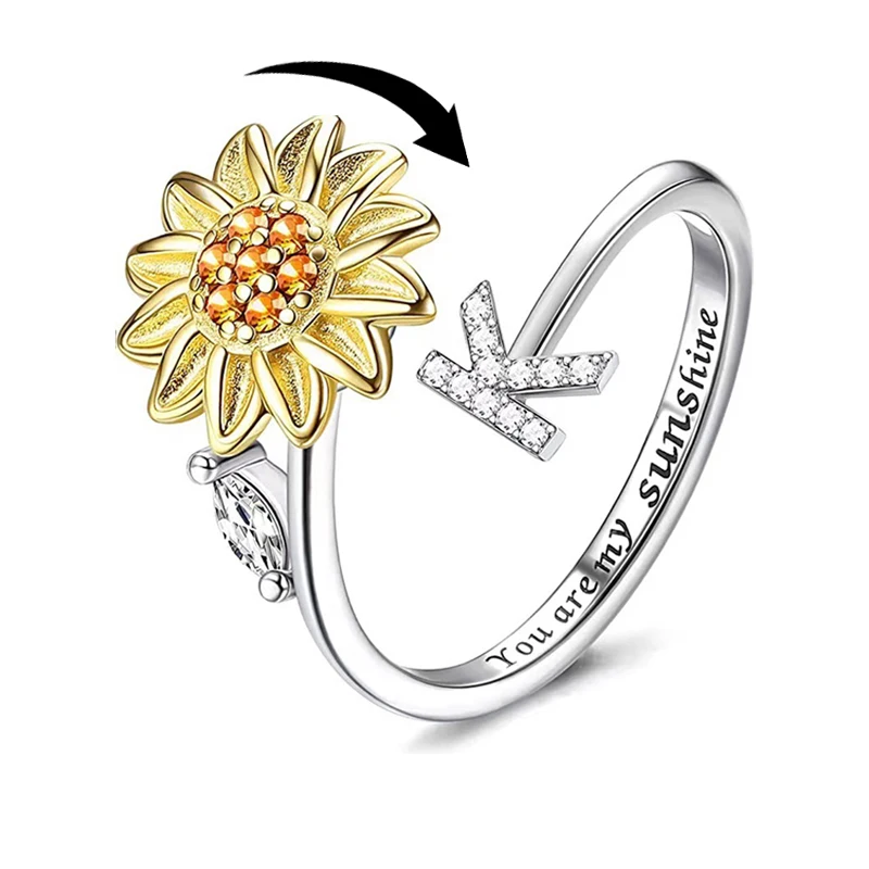 Rotating Sunflower Initial Letter Rings For Women Anti Anxiety Spinner You Are My Sunshine Stainless Steel Ring Birthday Jewelry Stainless Steel Ring Finger Ring Fidget Spinner Ring