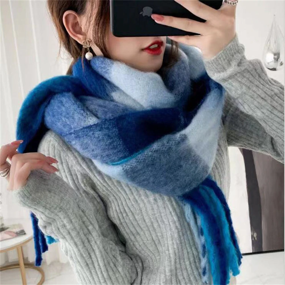 

Winter Luxury Cashmere Women Plaid Scarf Warm Shawl and Wrap Bandana Pashmina Long Tassel Rainbow Female Foulard Thick Blanket