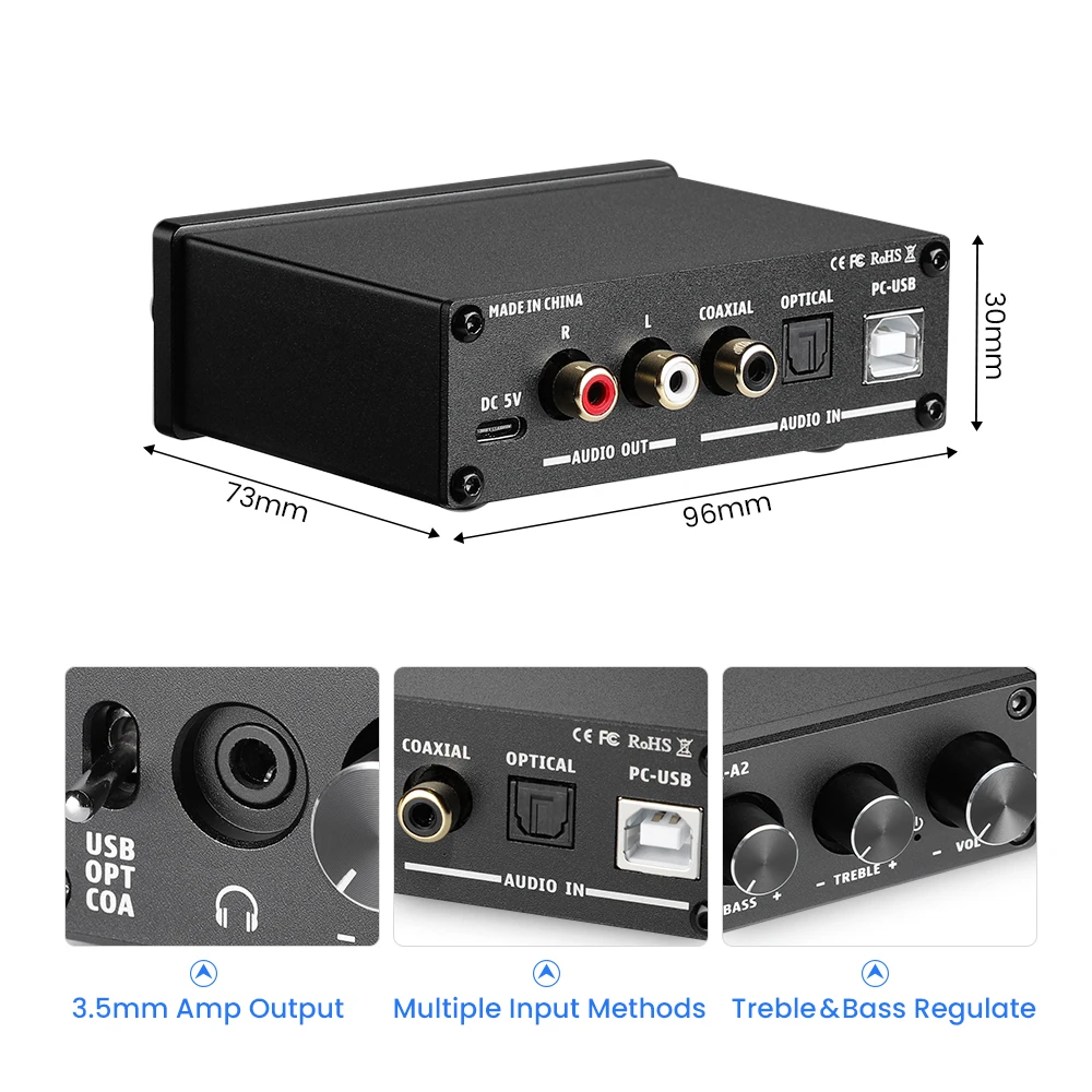 FX Audio DAC-X6 Mini HiFi 2.0 Digital Audio Decoder DAC Input  USB/Coaxial/Optical Output RCA/Headphone Amp 24Bit/96KHz DC12V (Black)