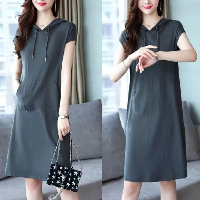 

Basic Hooded Fashion Drawstring Dresses Female Clothing Short Sleeve Summer Solid Color Pockets Korean Loose A-Line Midi Dress
