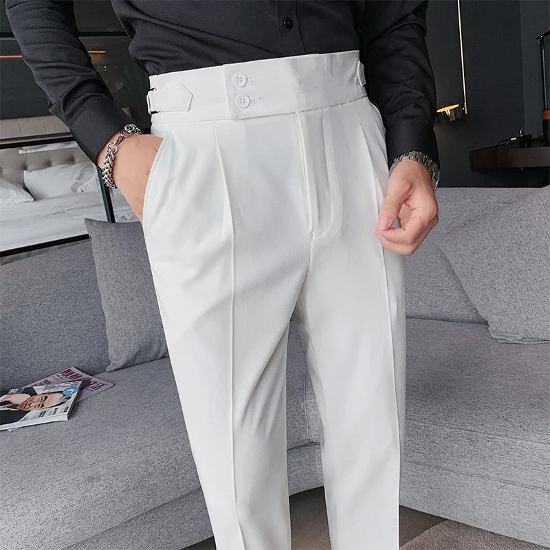 New Design Men High Waist Trousers Solid England Business Casual Suit Pants Belt Waistline Straight Slim Fit Bottoms Clothing